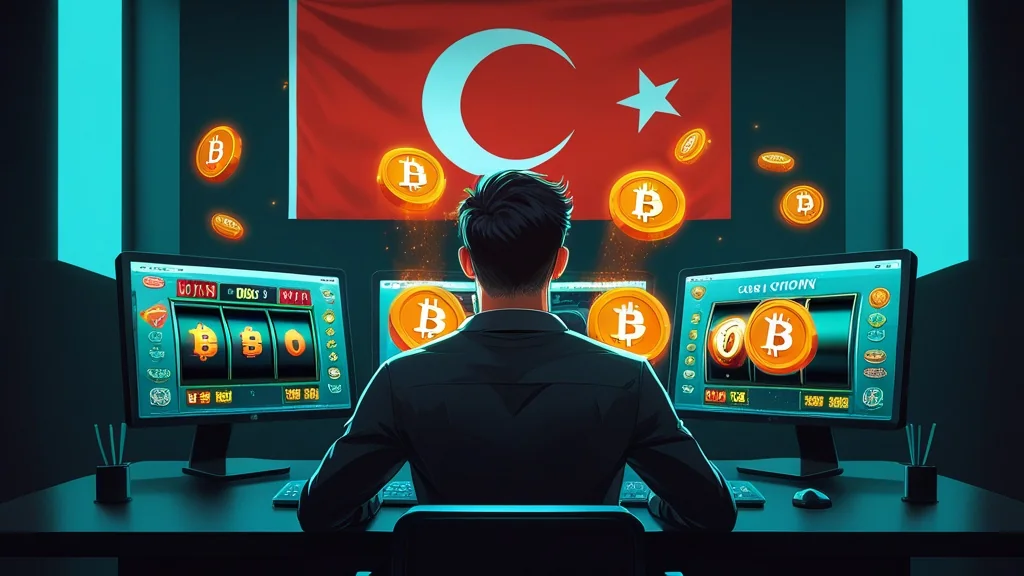 Three screens showing slot reels, with the Turkish flag on the wall behind them