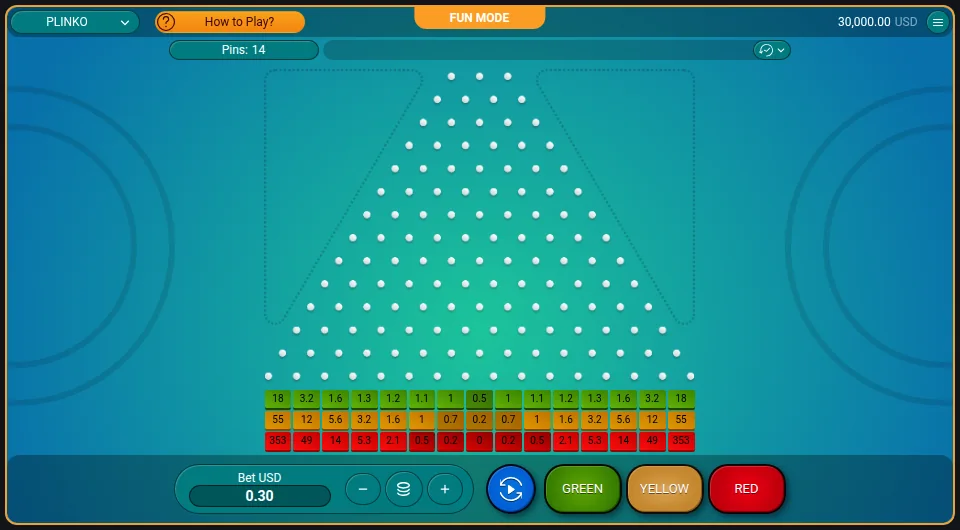 Demo modunda bir plinko tahtası: çivi sıraları ve kova sırası