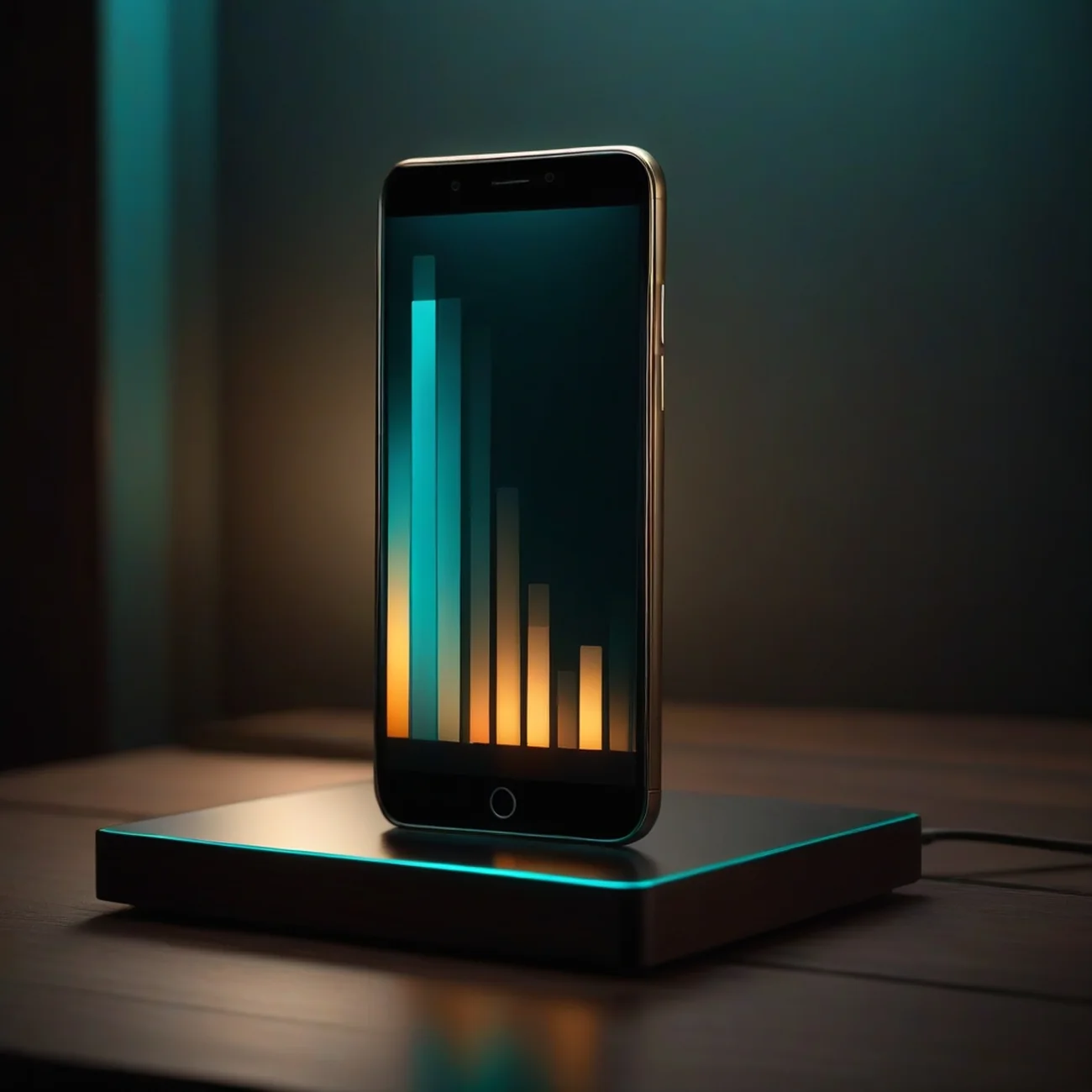 A phone on a table showing a plain bar chart