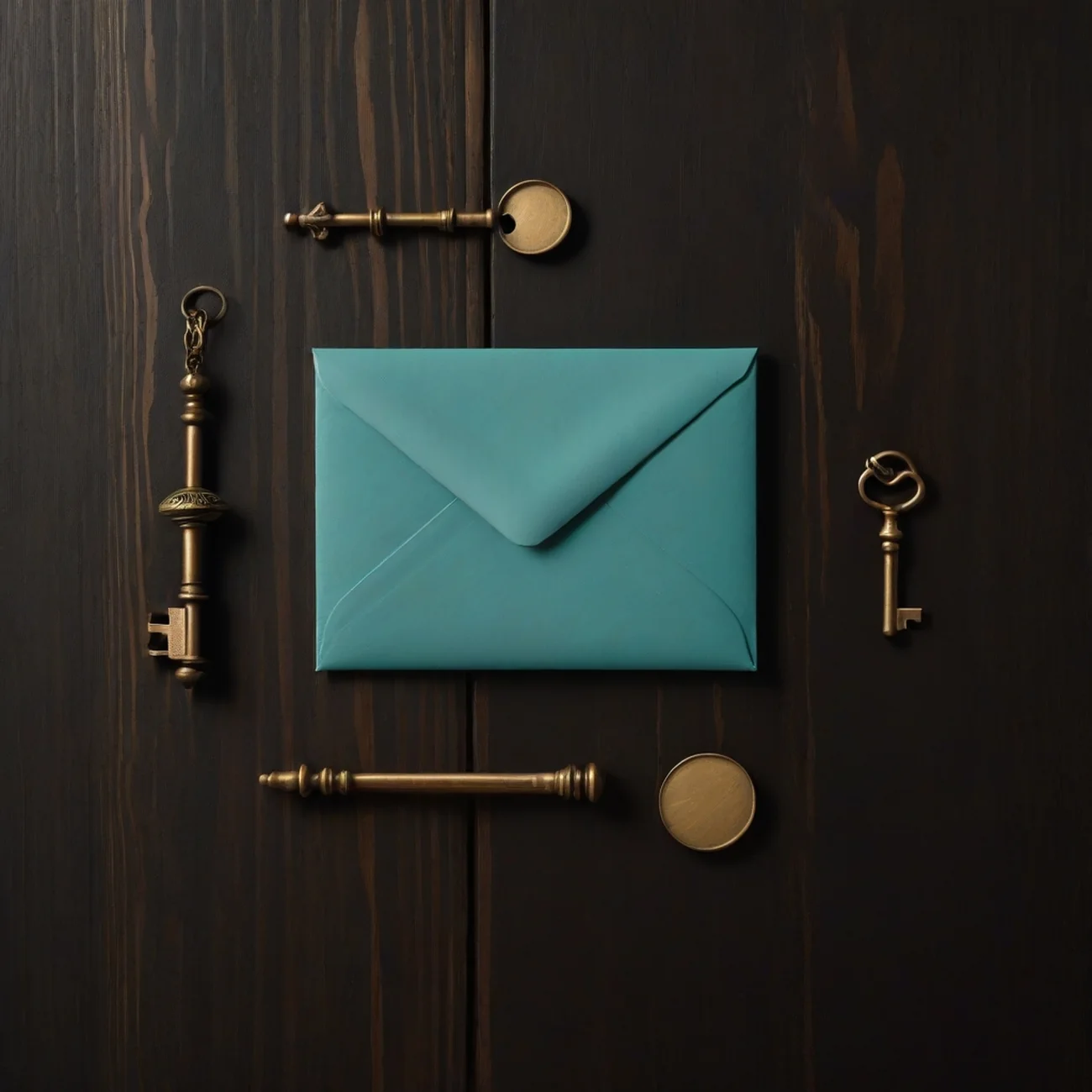 An envelope, a plain coin and two keys laid out on a dark surface